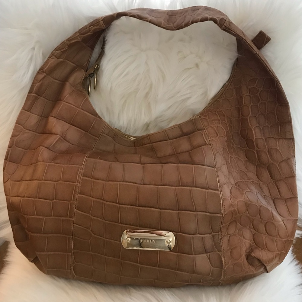 FURLA Embossed Crocodile Leather Tan Handbag Purse Made in Italy 100% Authentic